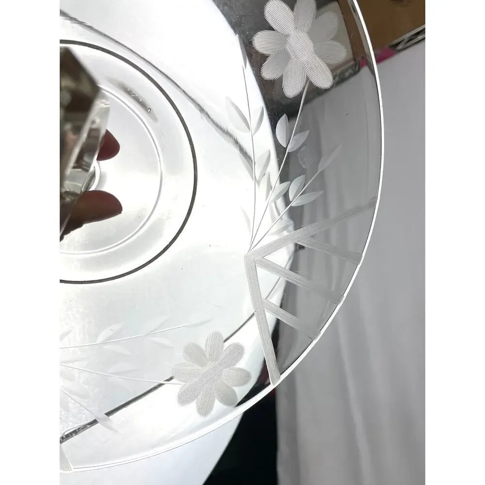 VTG Etched Clear Crystal‎ Center Handle Tray Plate with Etched Flowers 10.5